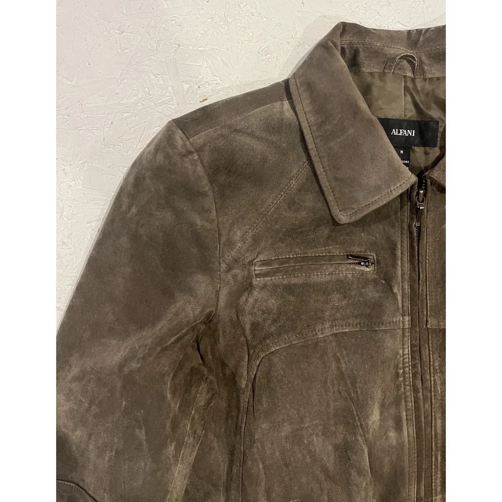 ALFANI WOMEN'S GENUINE LEATHER SUEDE OLIVE GREEN JACKET SIZE‎ MEDIUM POCKETS ZIP